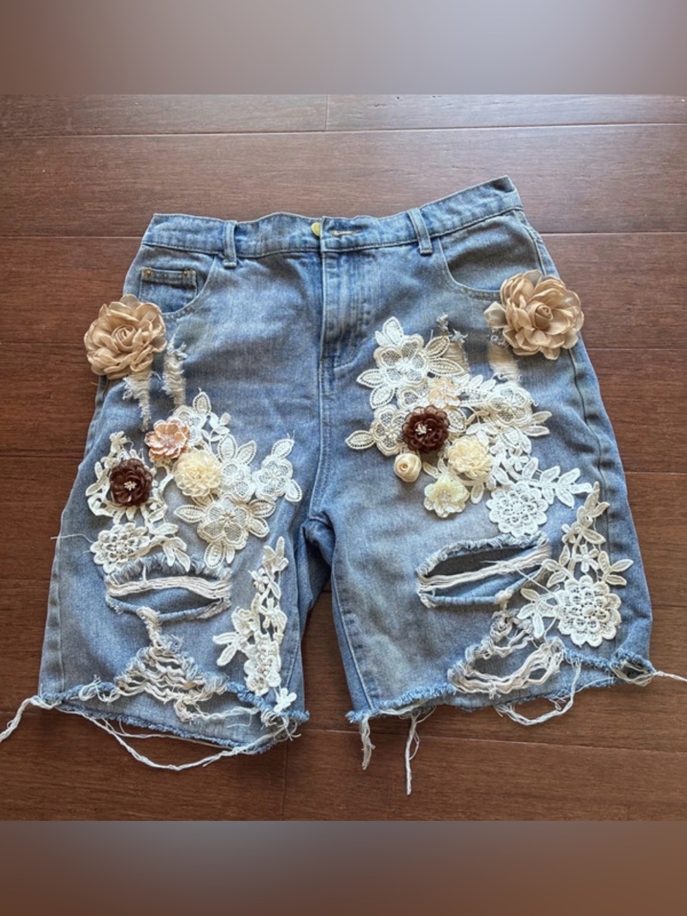 Up-cycled Denim Floral Appliqué Distressed Women's Shorts - Blue